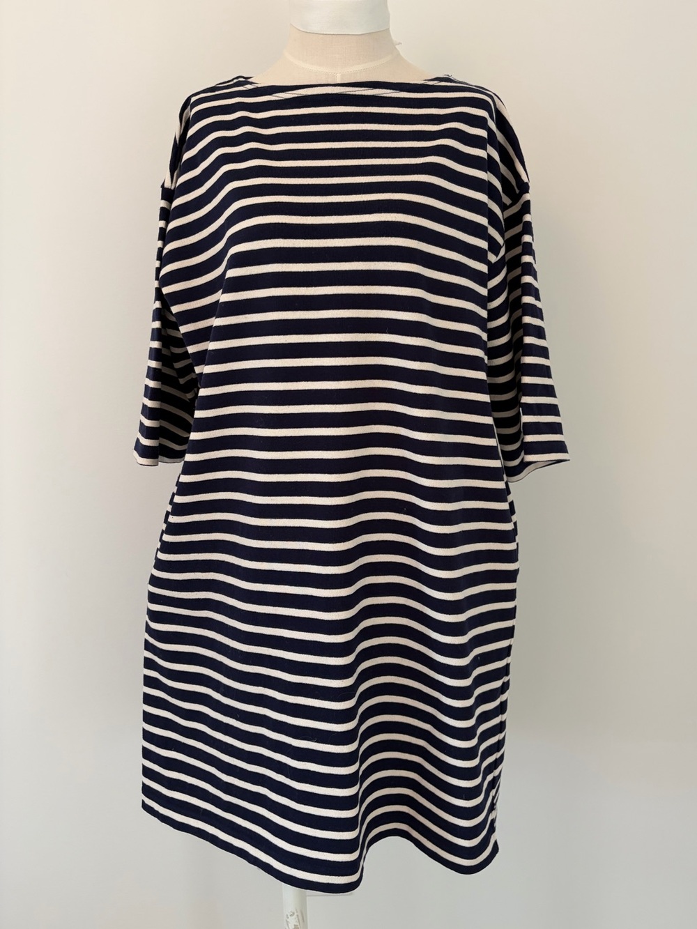 Striped Navy and White Short Sleeve Boatneck Shift Dress